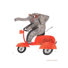 an elephant riding on the back of a red scooter