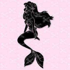 the silhouette of a mermaid with long hair and tail is shown against a pink background