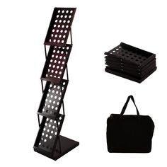 three different types of black and white polka dot bookshelves, one with a bag on it