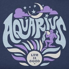 an image of the words aquarius on a dark blue t - shirt with stars and clouds