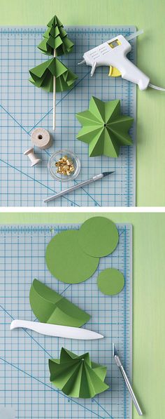 paper flowers are cut out and placed on a cutting mat to make them look like they have leaves