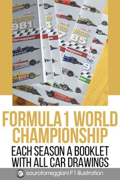 the formula 1 world championship poster is displayed on a table with race cars and numbers