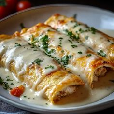 two enchiladas on a white plate with sauce and parsley