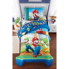 a bed with mario and luigi on it