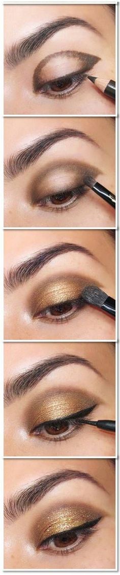 Gold Eye Makeup Tutorial, Khol Eyeliner, Smoky Eye Makeup Tutorial, Tutorial Eyeliner, Alat Makeup, Gold Eye Makeup, Makeup Tip