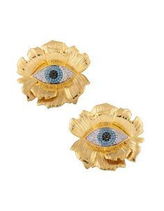 evil-eye-flower-earrings-on-model-2 Flower With Eye, Eye Flower, The Evil Eye, Types Of Gold, Flower Motif, Vermeil Jewelry, Eye Earrings, Rose Earrings, Single Earring