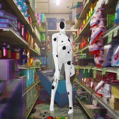 a robot is standing in the aisle of a store