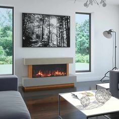 modern living room with fireplace and large windows