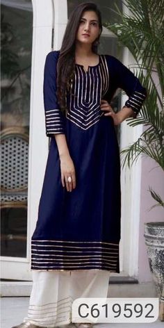 Gotta Patti Lace Design On Suit, Suits Lace Design, Gotta Patti Kurti Design, Kurti With Lace Design, Laces On Kurtis, Rayon Kurtis Design, Kurti Neck Designs With Lace, Lace Pattern Kurti, Kurti Plazzo Designs