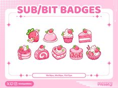 a bunch of different types of cakes and cupcakes on a white background with pink stars