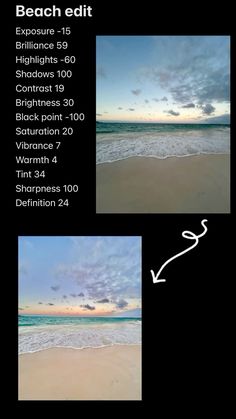 the beach edit menu is shown in three different pictures, including an ocean and sky background