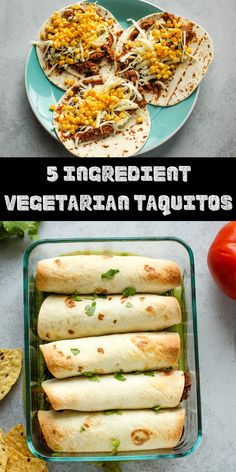 three different types of vegetarian taquitass with text overlay