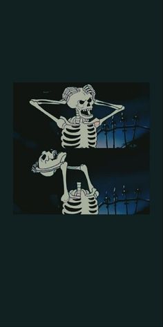 two skeletons in the dark with their arms extended