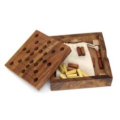 a wooden box filled with lots of different items