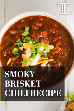 smoky brisket chili recipe in a white bowl