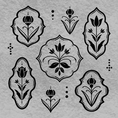 a set of floral design elements in black and white