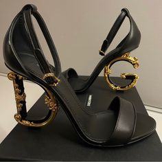 Brand New In Box - Size 38 Authentic Dolce And Gabbana Heeled Strappy Sandal / Pumps Never Worn With Beautiful D And G Forming The Heel Portion Of The Shoe. I Wish I Could Keep Them But They Are Too Big For Me :( I Hope They Will Go To Someone Soon So They Can Be Worn And Enjoyed! D&g Shoes, Brown Designer Heels, Cute Designer Shoes, Luxury Round Toe Heels For Gala, Dg Heels, Black Designer Heels, Dolce Gabbana Aesthetic, Elegant Heels Classy, Luxury Shoes Heels