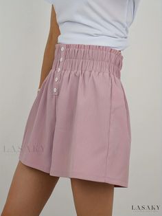 Lasaky - Chic Womens Elastic Waist Solid Smocked Shorts for Casual Summer Wear Casual Summer Bloomers With Elastic Waistband, Casual Bottoms With Gathered Waist For Day Out, Casual Pink Short Bloomers, Casual Summer Bloomers With Built-in Shorts, Casual Summer Bloomers With Pockets, Summer Casual Bloomers With Pockets, Casual Summer Short Bloomers, Casual Solid Bloomers With Elastic Waistband, Casual Shorts With Smocked Back For Day Out