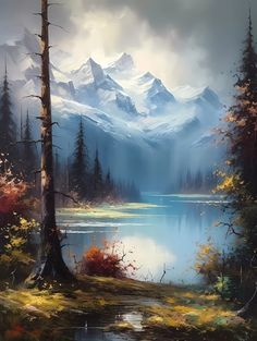 a painting of a mountain lake surrounded by trees