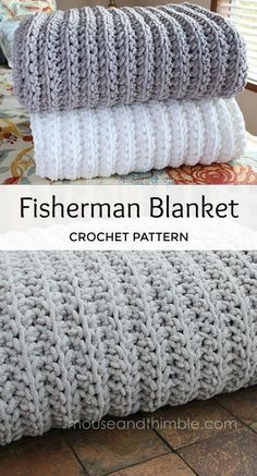 three blankets are stacked on top of each other and the text reads fisherman blanket crochet pattern