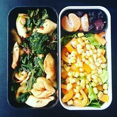 two trays filled with different types of food