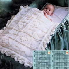 a baby laying in a crocheted blanket on top of a green bed sheet