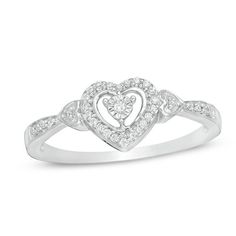 Take the next step with this shimmering diamond promise ring. Crafted in sterling silver, this open heart frame - centered with a single diamond artfully set to enhance size and sparkle - is flanked by single diamonds in heart-shaped frames. The pinched shank also glimmers with diamonds. Radiant with 1/10 ct. t.w. of diamonds and a brilliant buffed luster, this promise ring celebrates your next step. Custom-made to fit her ring size. Sterling silver rings cannot be resized after purchase. Zales Promise Ring, Cute Promise Rings Silver, Anniversary Double Heart Ring With Diamond Accents, Double Heart Ring With Diamond Accents For Anniversary, Heart-shaped Diamond Birthstone Ring, Fine Jewelry Open Heart Diamond Promise Ring, Valentine's Day Diamond Accents Heart Promise Ring, Double Heart Diamond Ring With Accents For Valentine's Day, Open Heart Diamond Ring For Anniversary On Valentine's Day