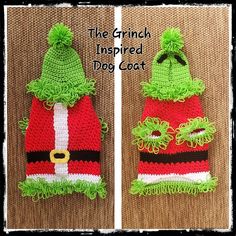 crocheted santa hat and dog coat with pom - poms on top