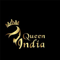 the logo for queen india, which is gold and black with a crown on top