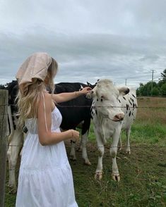 a woman in a white dress petting a cow behind a fence on a cloudy day