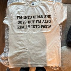 Celebrate Bisexual Pride with the "Into Guys and Girls and Pasta Shirt" - A Minimalist Tribute to Whimsical Humor and Bisexual Identity! Whether you're into guys, girls, pasta, or all of the above, our "Into Guys and Girls and Pasta Shirt" is the perfect choice. Embrace your bisexuality, celebrate diversity, and let your pride shine bright - order yours today and wear your identity with confidence and style! - Unisex Fit - 100% cotton - Classic fit - Tear-away label - Runs true to size Please se Text Tee Shirt, Pride Outfit Inspo Women, Funny Shirts Aesthetic, Weird Shirts Aesthetic, T Shirt Ideas Sayings, Gay Outfits Aesthetic, Bi Aesthetic Outfits, Bisexual Aesthetic Outfit, Weird T Shirts