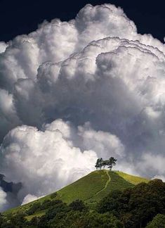 a hill with trees on top and clouds in the background