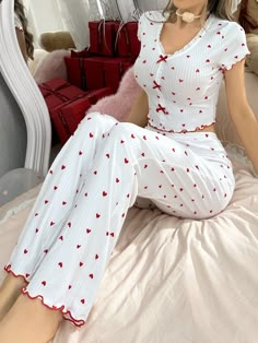 Ladies' Heart Pattern Printed Short Sleeve Pant Pajamas Set White Set White Casual-Young  Short Sleeve Knitted Fabric All Over Print Pant Sets Medium Stretch All,Spring/Summer Women Sleep & Lounge, size features are:Bust: ,Length: ,Sleeve Length: Women Nightwear Dresses, Pajamas Aesthetic, Summer Sleepwear, Silk Pajamas Women, Cute Pajama, Pajama Fashion, Sleepwear Fashion, Cute Pajama Sets, Cute Sleepwear