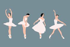 four ballerinas in white dresses and ballet shoes, one with her arms up