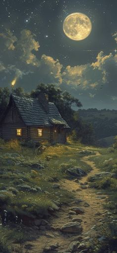 a painting of a cabin at night with the moon in the sky and stars above