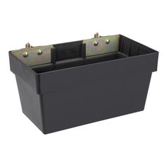 a black box with two metal latches on the front and bottom, sitting against a white background