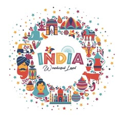 the word india surrounded by various symbols and icons in a circle on a white background