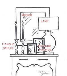 a drawing of a table with candles and pictures on it, labeled in red text