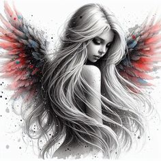 a drawing of a woman with long hair and wings