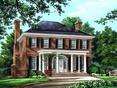 this is an artist's rendering of a large brick house with columns and windows