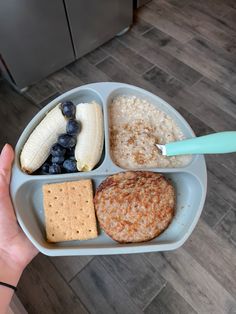 a person holding a plate with food on it and a banana, blueberries, crackers, and other foods