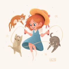 a girl in a blue dress is surrounded by cats