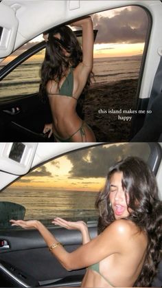 two pictures of a woman in a car with the caption'this island makes me so happy '