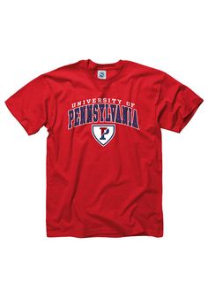 Show off your team pride in this Pennsylvania Quakers Red Arch Short Sleeve T Shirt! This Penn Short Sleeve Tee features a screen printed arched team name. Make sure everyone knows you root for the Quakers with this Red Penn T Shirt. Fight On, Pennsylvania! Classic Fit, Tubular construction, Taped neck and shoulders, Quarter-turned to eliminate center crease, Unisex, Fit: True to Size, 100% Cotton Cheap University Red T-shirt For Sports, University Red T-shirt With Team Name For Fans, University Red Collegiate T-shirt For Fans, University Red Collegiate T-shirt With Letter Print, Team-colored Short Sleeve T-shirt With University Logo, Red Pre-shrunk T-shirt For Sports Season, University Red Crew Neck T-shirt For Fans, Red Cotton T-shirt With Team Name, Collegiate Red Tops With Team Logo