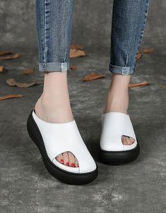 Comfortable Wedge Fish Toe Sandals | Obiono Leather Toe Post Wedge Sandals, White Closed Toe Platform Slippers For Summer, Comfortable Leather Toe Post Wedge Sandals, Casual Toe Post Wedge Sandals With Platform, Casual Platform Toe Post Wedge Sandals, Comfortable Open Toe Platform Wedge Sandals, Comfortable White Wedge Sandals With Cushioned Footbed, Comfortable White Wedge Sandals, Casual Leather Toe Post Wedge Sandals