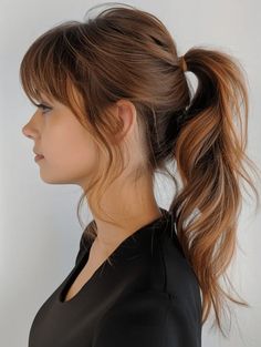 30 Charming Ponytails with Bangs: A 2024 Style Guide Fringe Bangs With Lots Of Layers, Bridesmaid Bangs Hair, Hairstyles To Hide Ears, Low Maintenance Bangs, Bangs And Ponytail, Ponytail With Side Bangs, Bangs With Wavy Hair, Ponytails With Bangs, Bridesmaid Hairstyles With Bangs