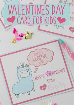 valentine's day card for kids with llamas and hearts on the table