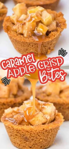 caramel apple crisp bites are being drizzled with caramel on top