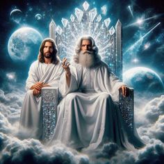 two men sitting on top of a throne in front of a sky filled with stars