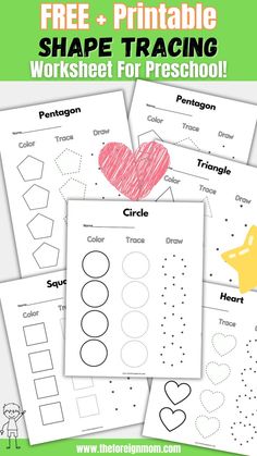 Shape tracing worksheets for preschool. Heart, triangle, circle, square, pentagon, and more. Prek Shapes Printables, Kindergarten Tracing Printables, Concept Worksheets For Preschool, Shapes Free Printables Preschool, Square Shape Activities Preschool Free Printable, Shape Tracing Printables Free, Preschool Patterns Printables Free, Prek Shape Activities, Teaching Shapes To Toddlers